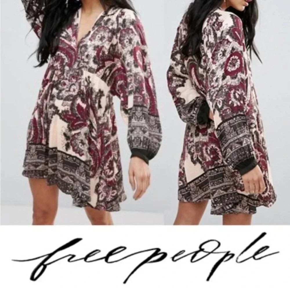 Free People Say You Love Me V Neck Long Sleeve Printed Boho Mini Dress Size XS